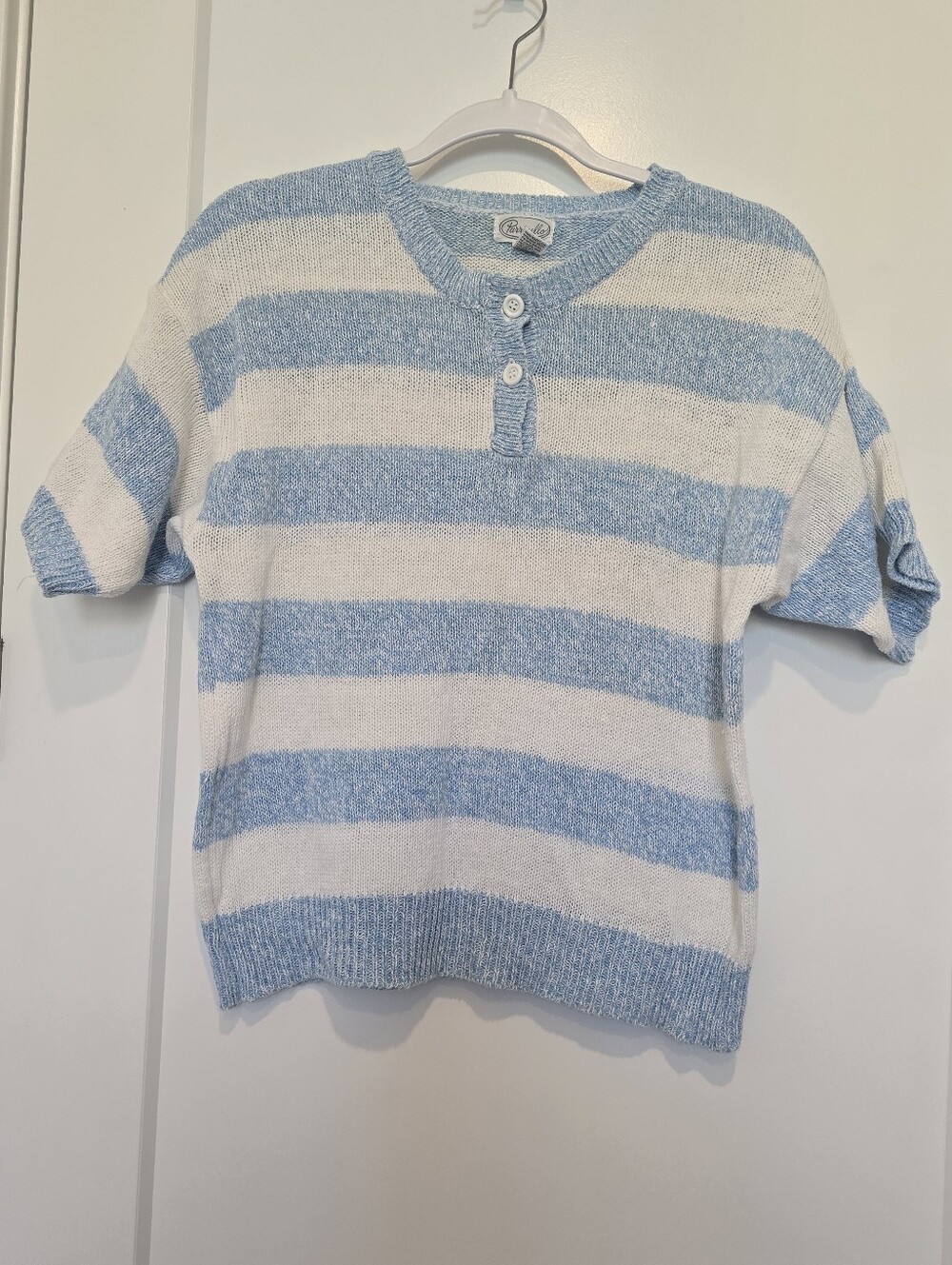 Vintage Linen Blend Light Blue & White Striped Short Sleeve Sweater W Buttons